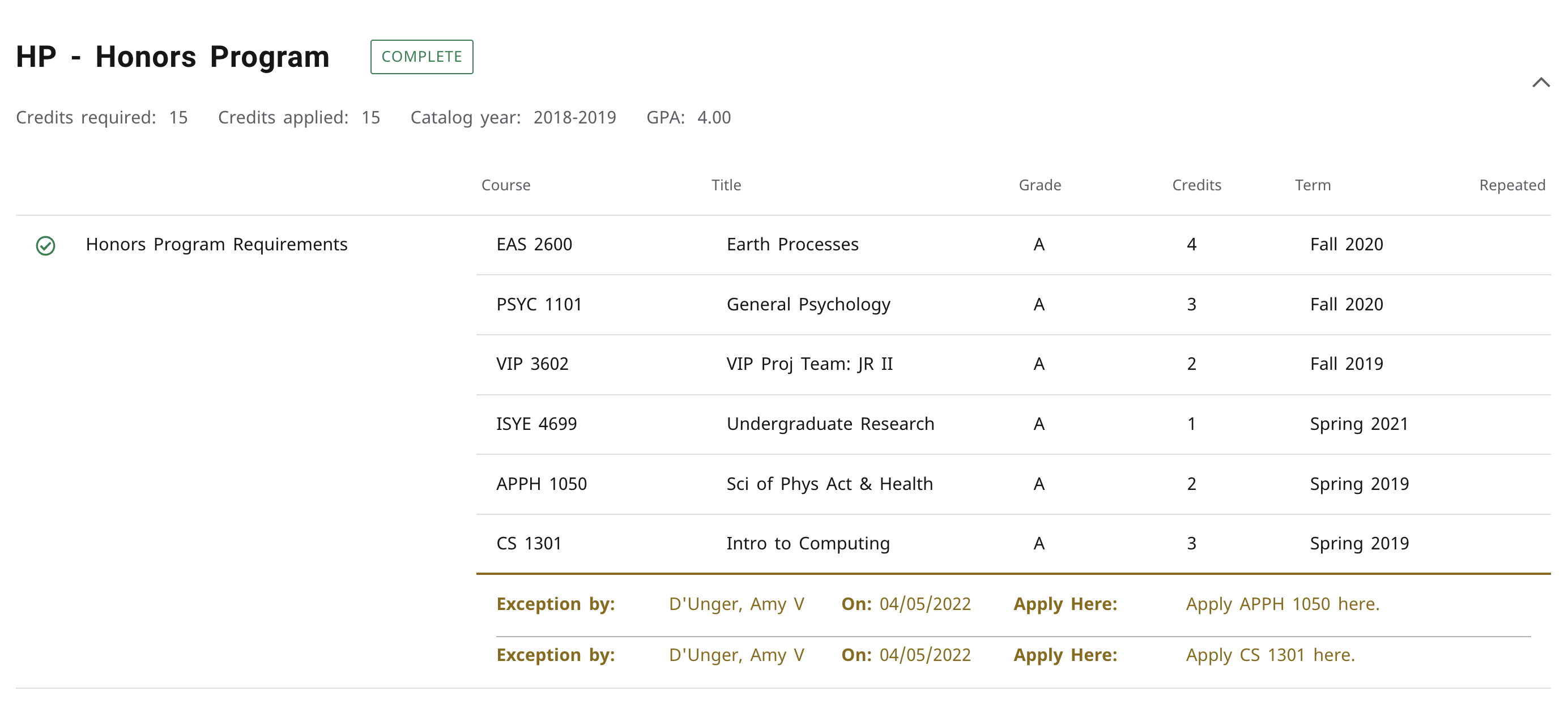 an example of an HP degree audit