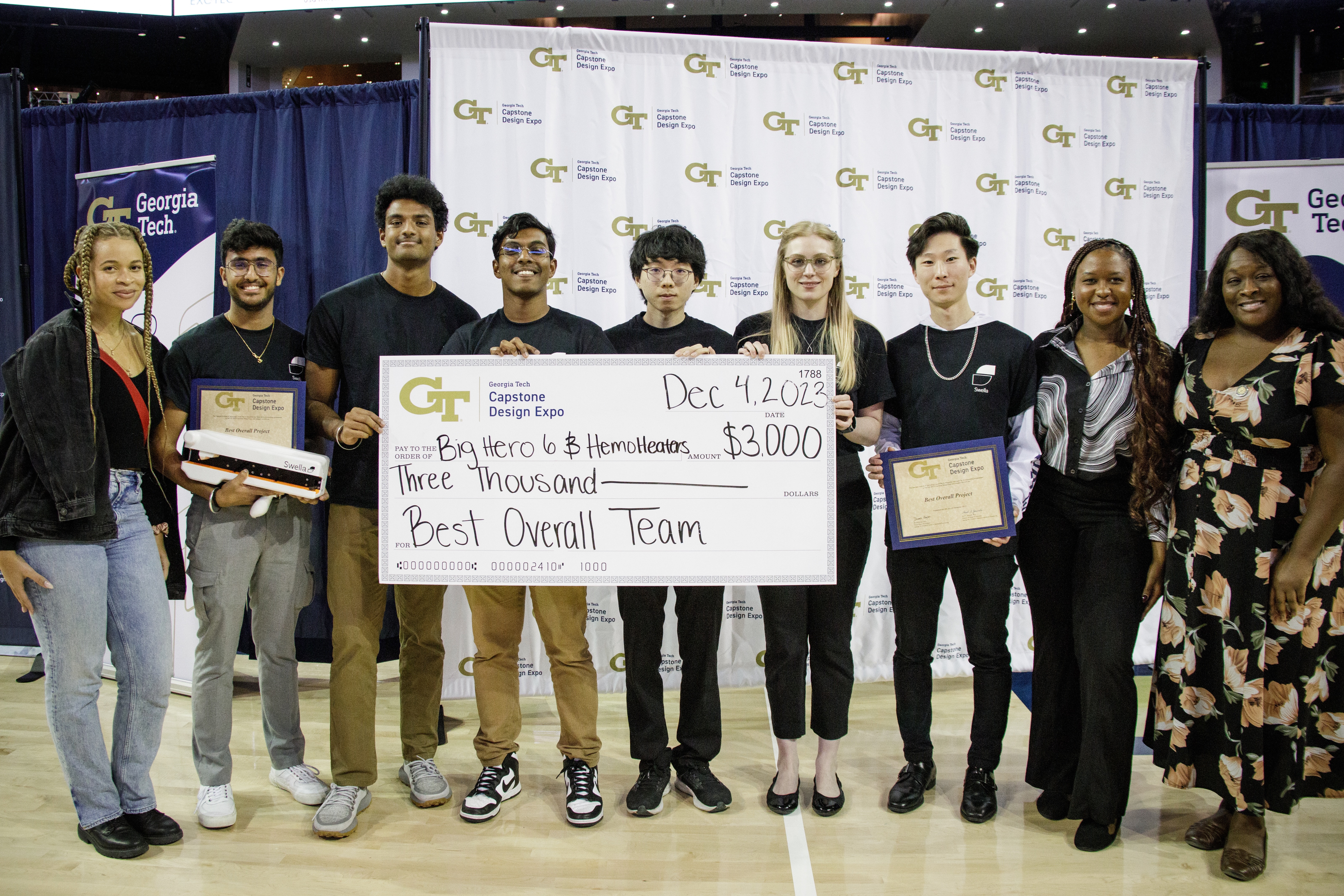 From left to right: Brooke Hill (co-founder of Swella), Rishab Verma (ME), Rohan Thandu (ME), Sasikumaran Nandakumar (ME), Steven Zhao (CMPE), Callie Rigsbee (ID), Ryan Kil (CMPE), Zanbria Asante (co-founder of Swella), Dr. Tequila Harris (Advisor). From left to right: Brooke Hill (co-founder of Swella), Rishab Verma (ME), Rohan Thandu (ME), Sasikumaran Nandakumar (ME), Steven Zhao (CMPE), Callie Rigsbee (ID), Ryan Kil (CMPE), Zanbria Asante (co-founder of Swella), Dr. Tequila Harris (Advisor).